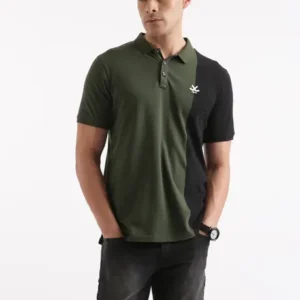 WROGN Men Solid Polo Neck Cotton Blend Green T-Shirt